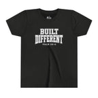 Youth Tee — "Built Different" Psalm 139:14 Christian Kids Shirt (Bella Canvas 3001y)
