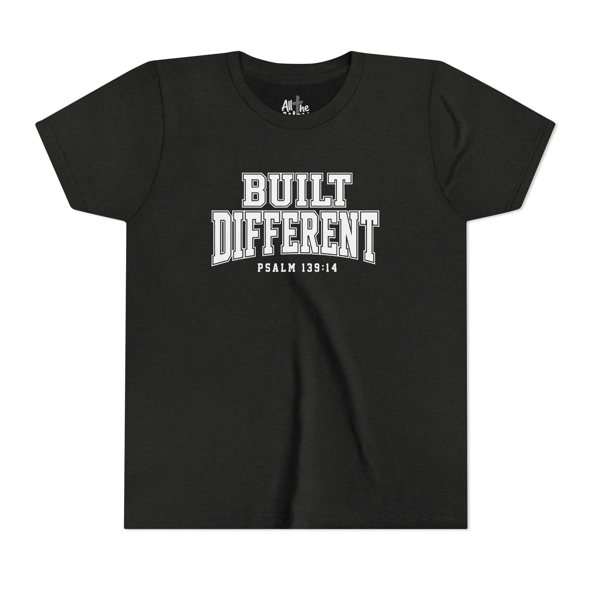 Youth Tee — "Built Different" Psalm 139:14 Christian Kids Shirt (Bella Canvas 3001y)