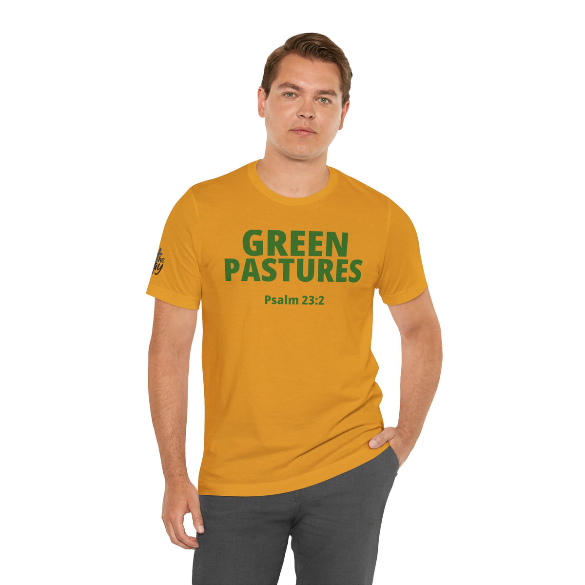 "Green Pastures" Psalm 23:2 Tee — Christian Faith Inspirational T-Shirt (Bella+Canvas 3001)