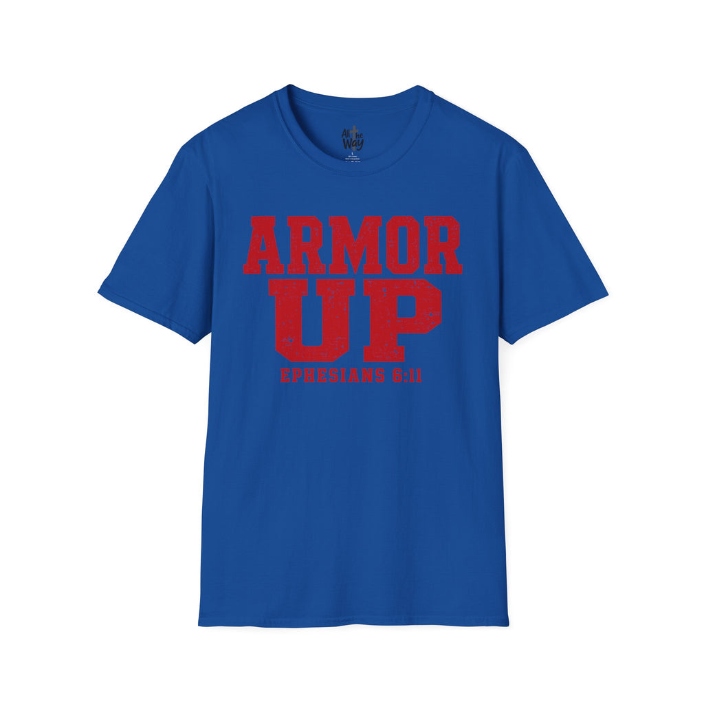 "Armor Up" Ephesians 6:11 T-Shirt — (Gildan 64000) Red Letters