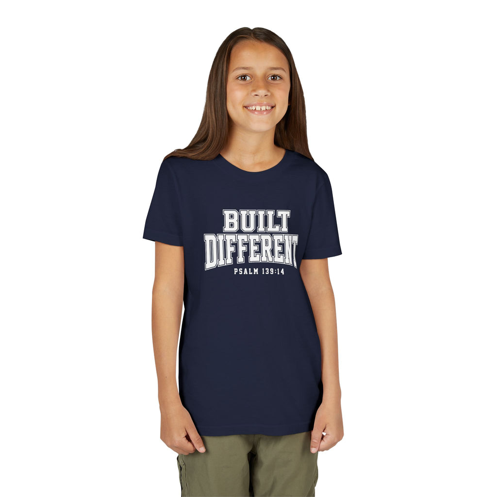 Youth Tee — "Built Different" Psalm 139:14 Christian Kids Shirt (Bella Canvas 3001y)