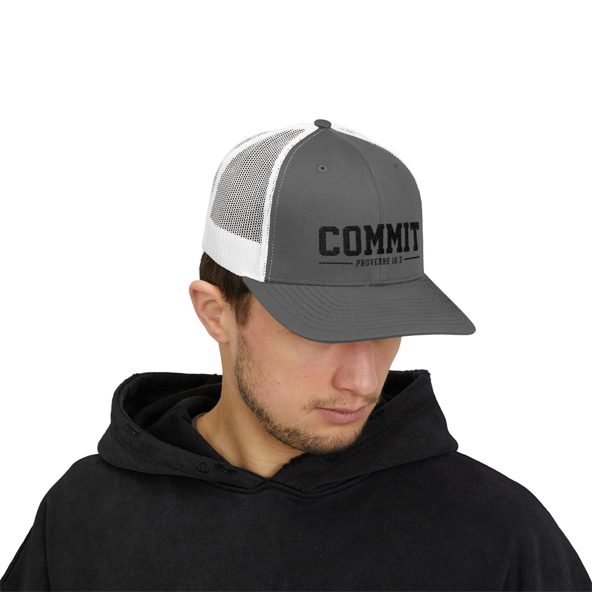 Snapback Trucker Cap — "COMMIT" Proverbs 16:3 Embroidered Christian Hat