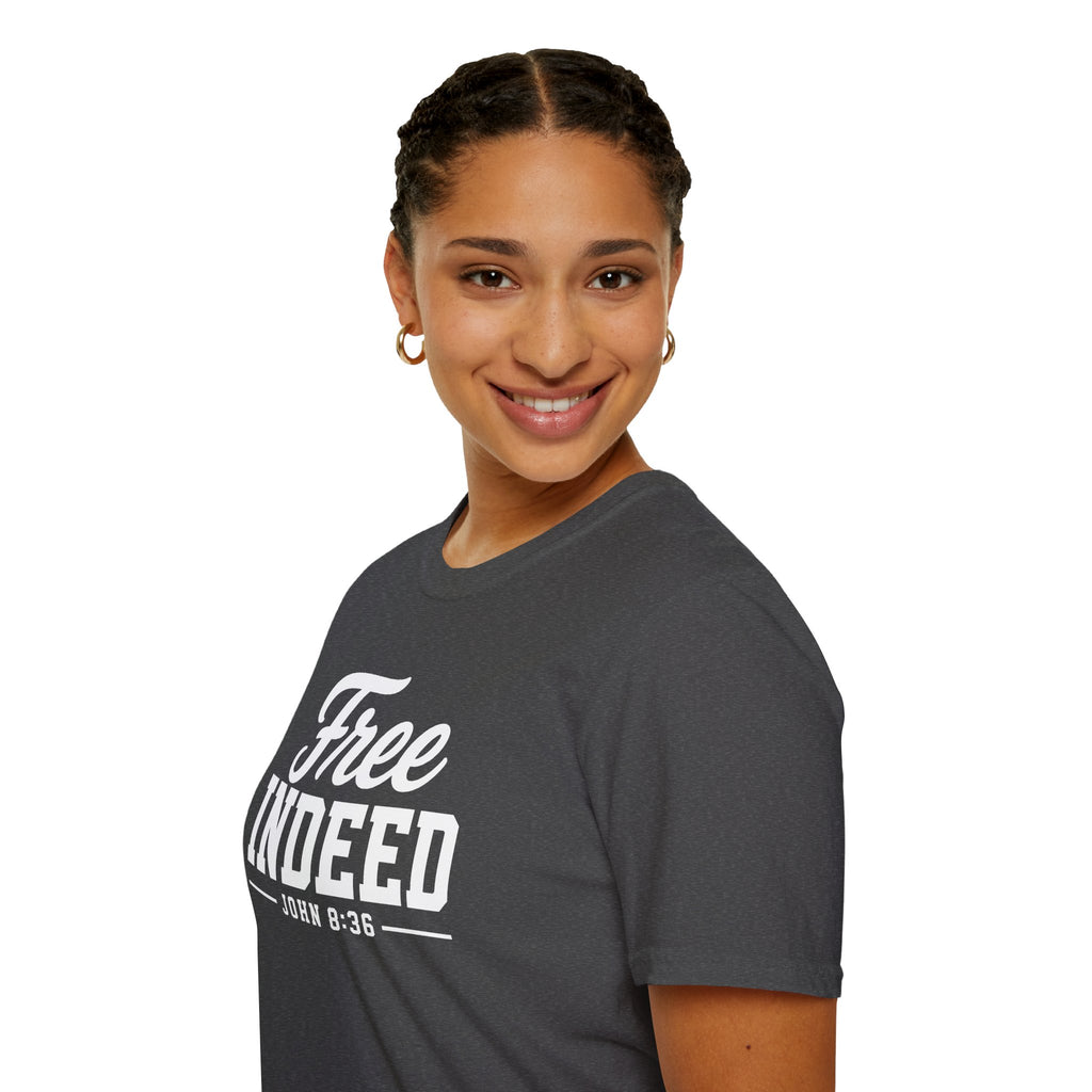 "Free Indeed" John 8:36 T-Shirt — Christian Faith Tee (Gildan 64000)