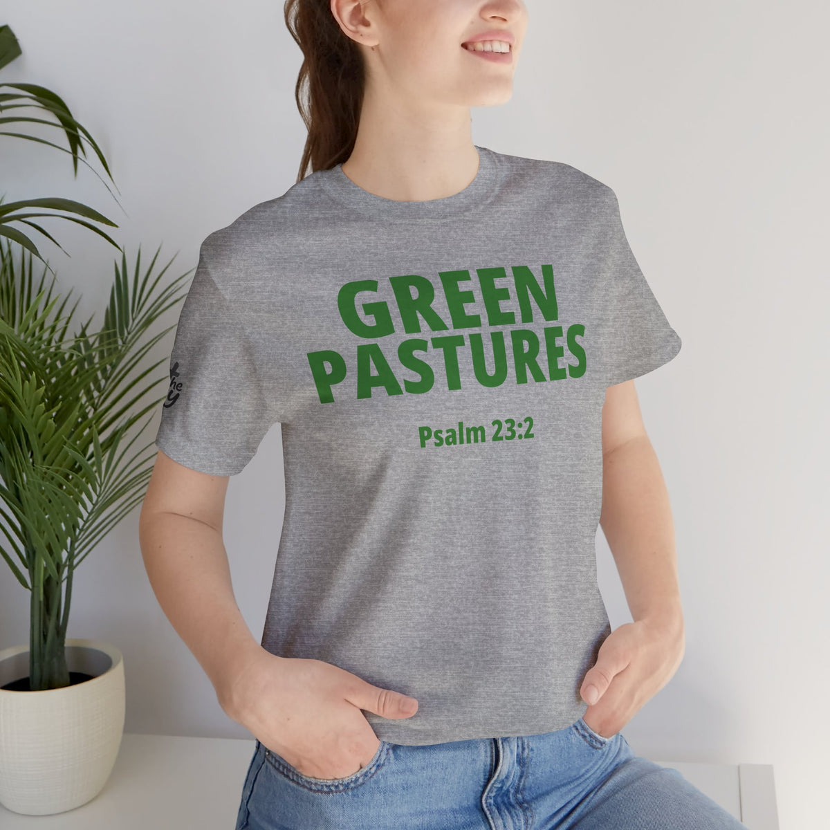 "Green Pastures" Psalm 23:2 Tee — Christian Faith Inspirational T-Shirt (Bella+Canvas 3001)