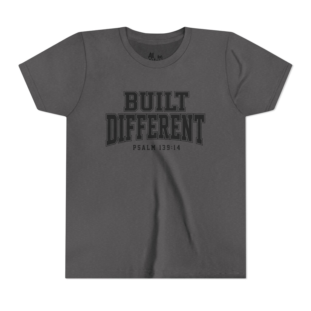 Youth Tee — "Built Different" Psalm 139:14 Christian Kids Shirt (Bella Canvas 3001y)