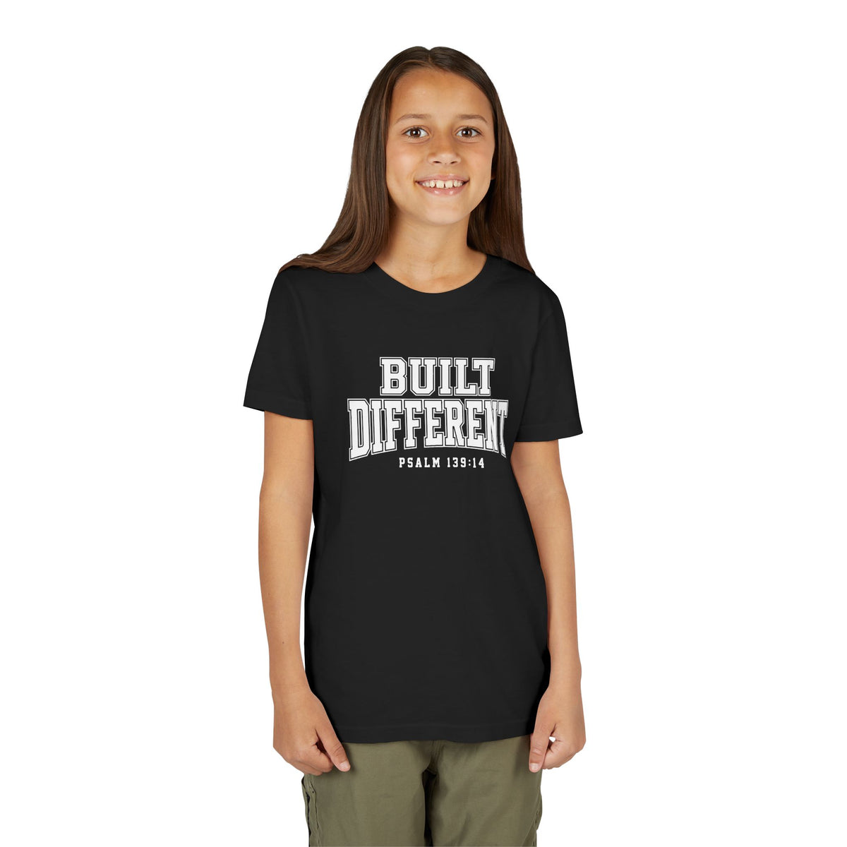Youth Tee — "Built Different" Psalm 139:14 Christian Kids Shirt (Bella Canvas 3001y)