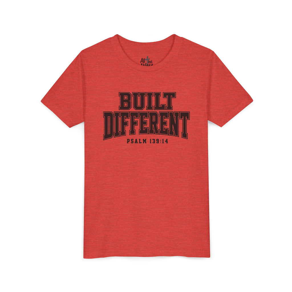 Youth Tee — "Built Different" Psalm 139:14 Christian Kids Shirt (Bella Canvas 3001y)