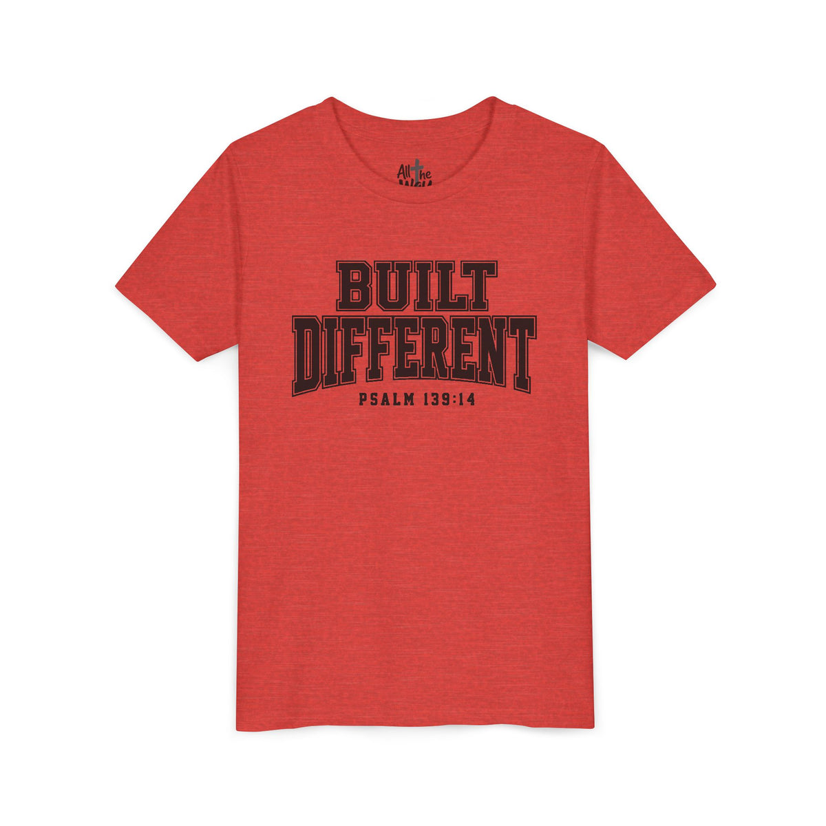 Youth Tee — "Built Different" Psalm 139:14 Christian Kids Shirt (Bella Canvas 3001y)