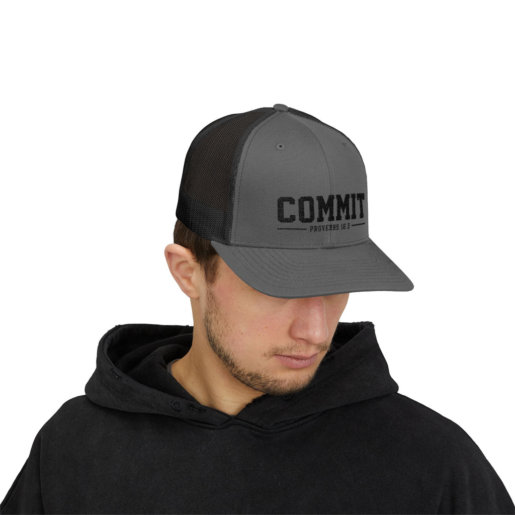 Snapback Trucker Cap — "COMMIT" Proverbs 16:3 Embroidered Christian Hat