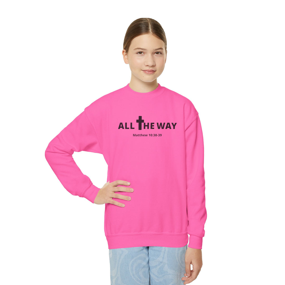 Youth Crewneck Sweatshirt — "All The Way" Inspirational Bible Verse (Matthew 10:38-39)