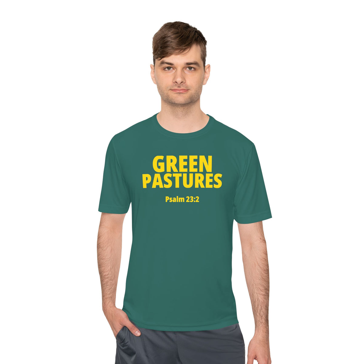 Moisture Wicking Tee "Green Pastures" Psalms 23:2 (Sport Tek)