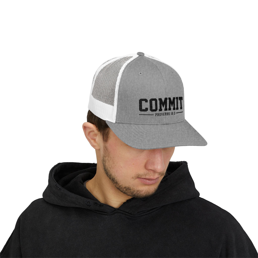 Snapback Trucker Cap — "COMMIT" Proverbs 16:3 Embroidered Christian Hat