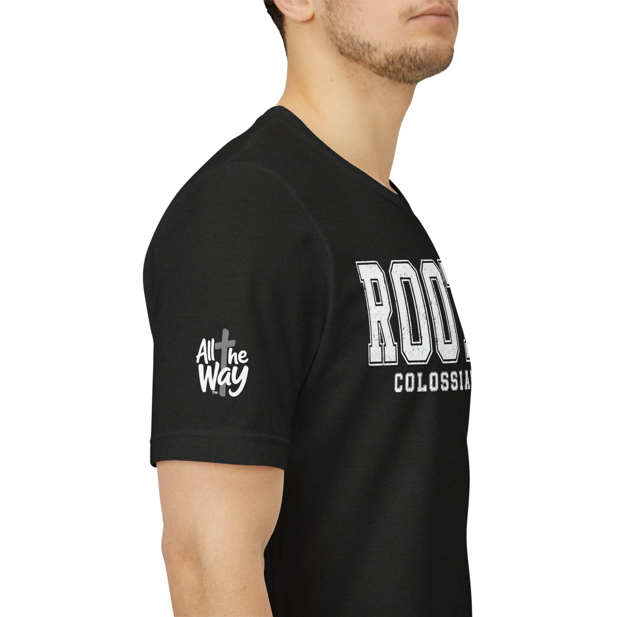 "Rooted" Colossians 2:7 Tee — Christian Faith Inspirational T-Shirt (Bella+Canvas 3001)