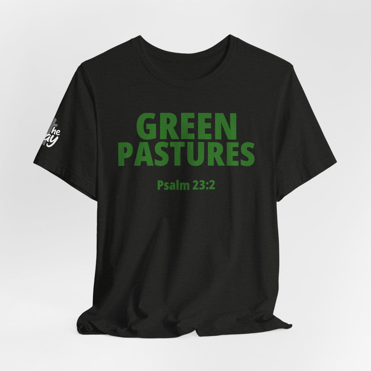 "Green Pastures" Psalm 23:2 Tee — Christian Faith Inspirational T-Shirt (Bella+Canvas 3001)
