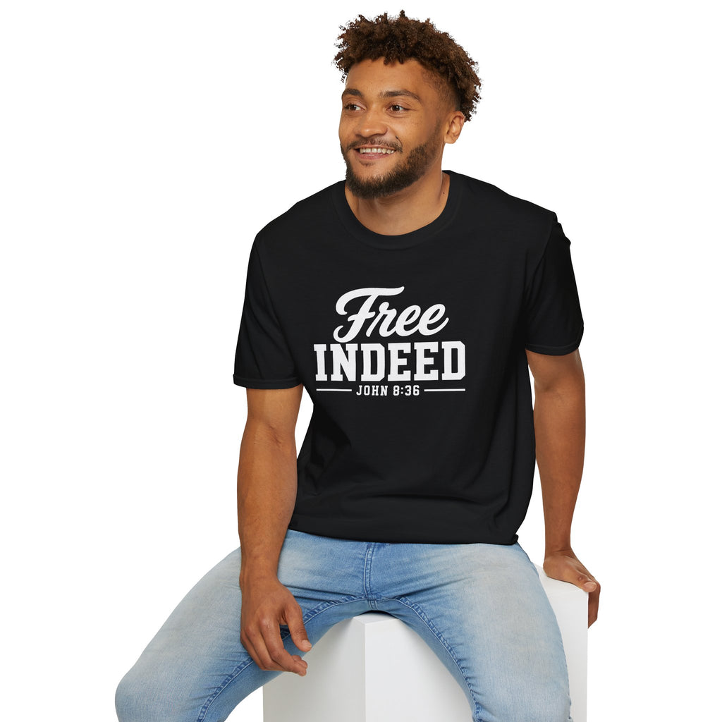 "Free Indeed" John 8:36 T-Shirt — Christian Faith Tee (Gildan 64000)