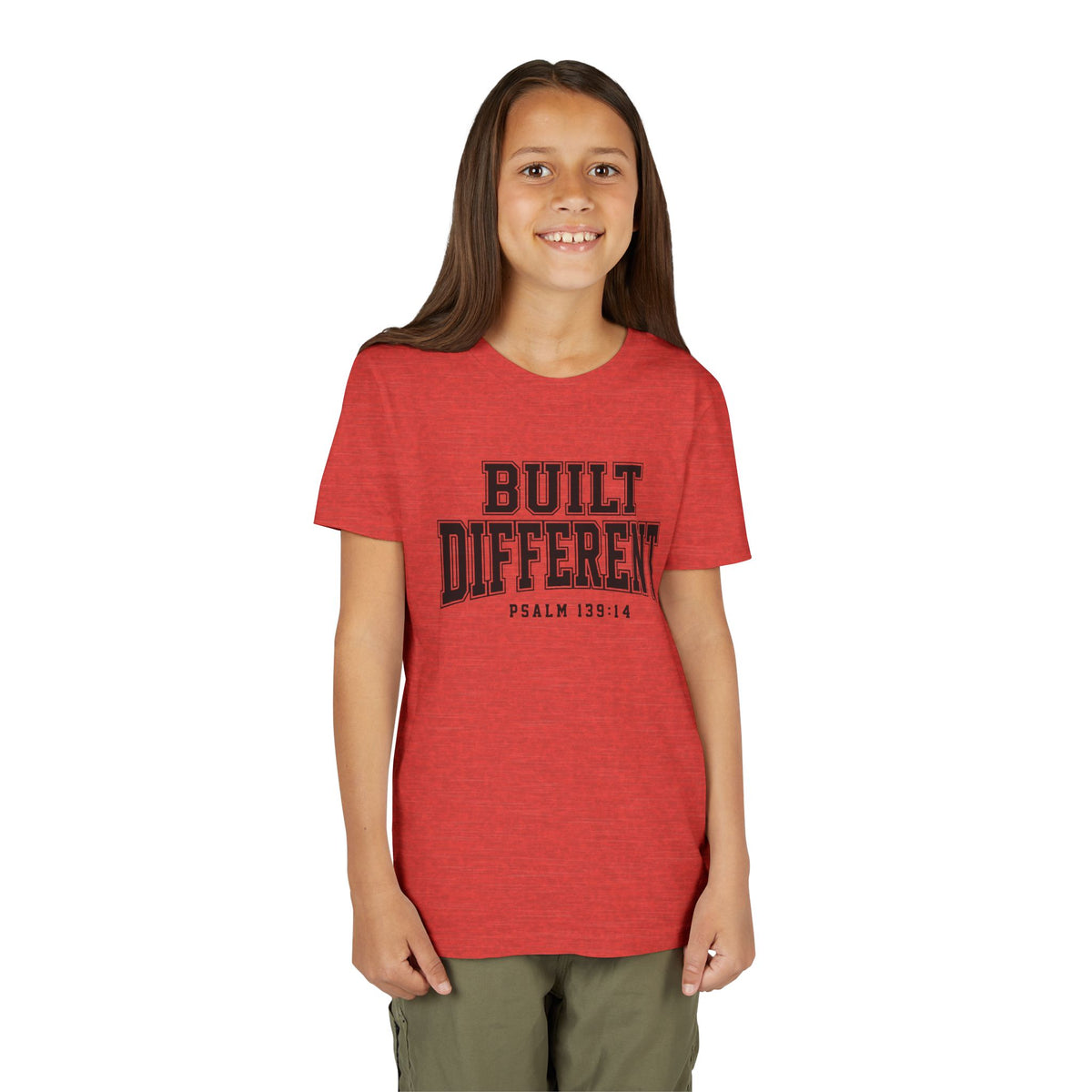Youth Tee — "Built Different" Psalm 139:14 Christian Kids Shirt (Bella Canvas 3001y)