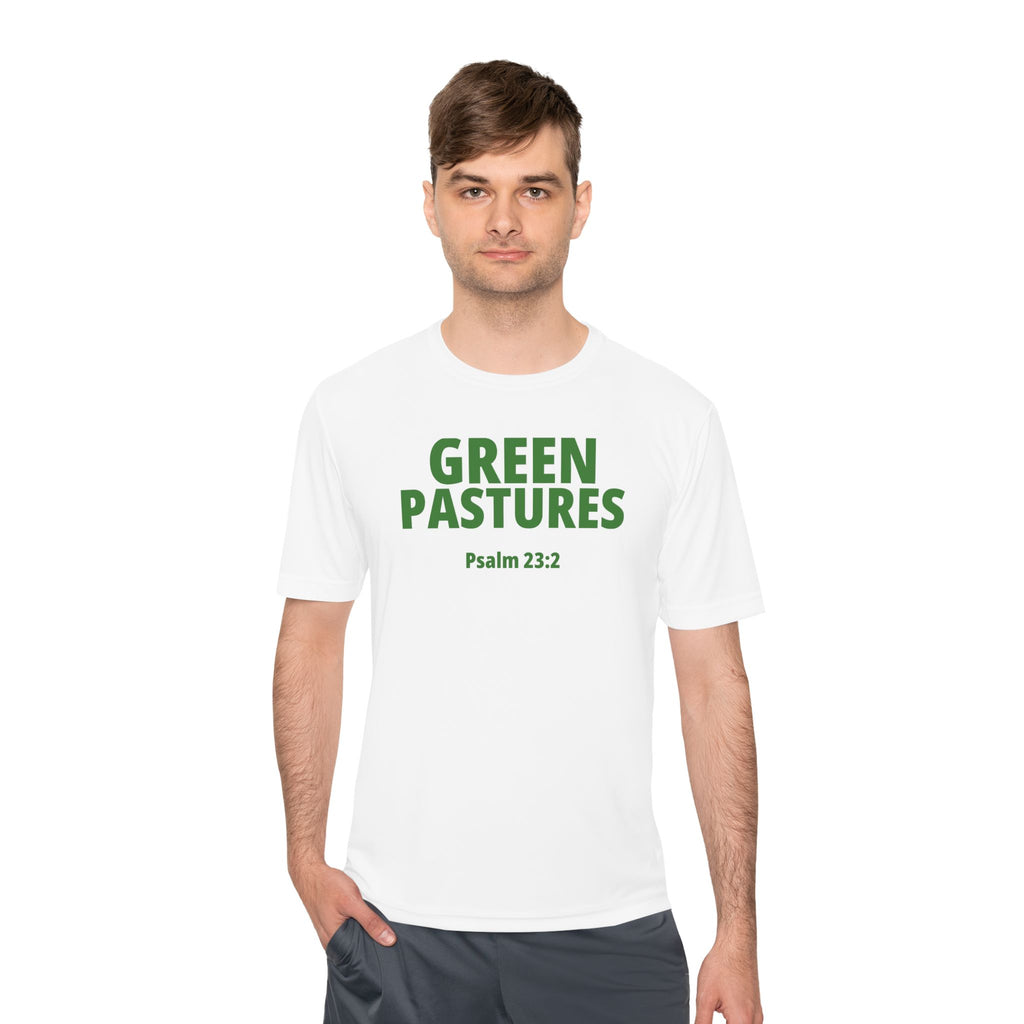 Moisture Wicking Tee "Green Pastures" Psalms 23:2 (Sport Tek)
