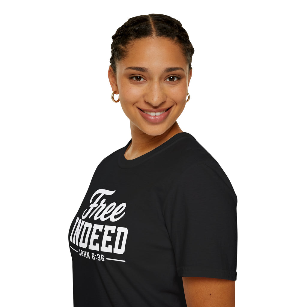 "Free Indeed" John 8:36 T-Shirt — Christian Faith Tee (Gildan 64000)