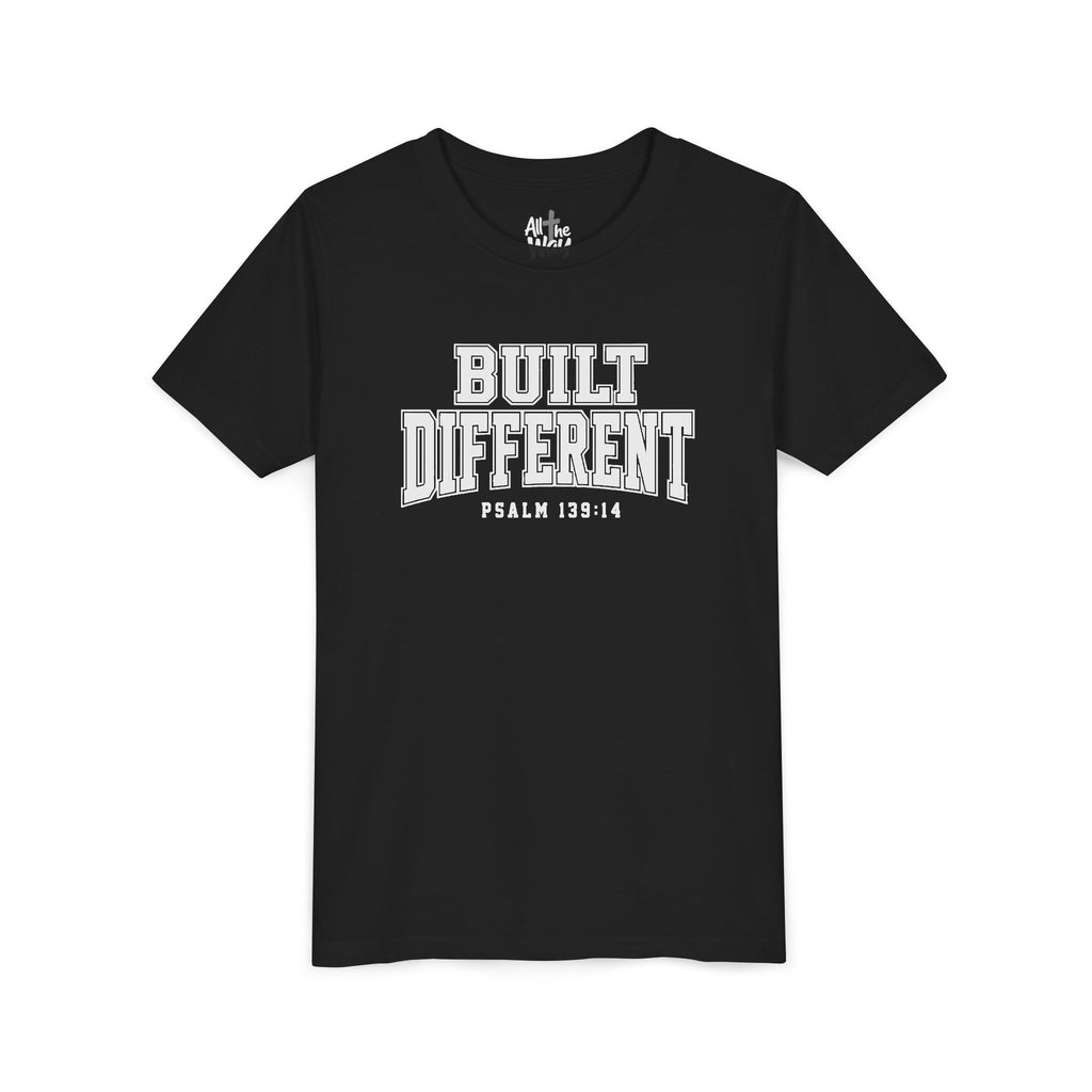 Youth Tee — "Built Different" Psalm 139:14 Christian Kids Shirt (Bella Canvas 3001y)
