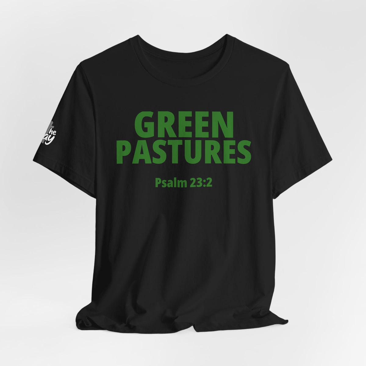 "Green Pastures" Psalm 23:2 Tee — Christian Faith Inspirational T-Shirt (Bella+Canvas 3001)