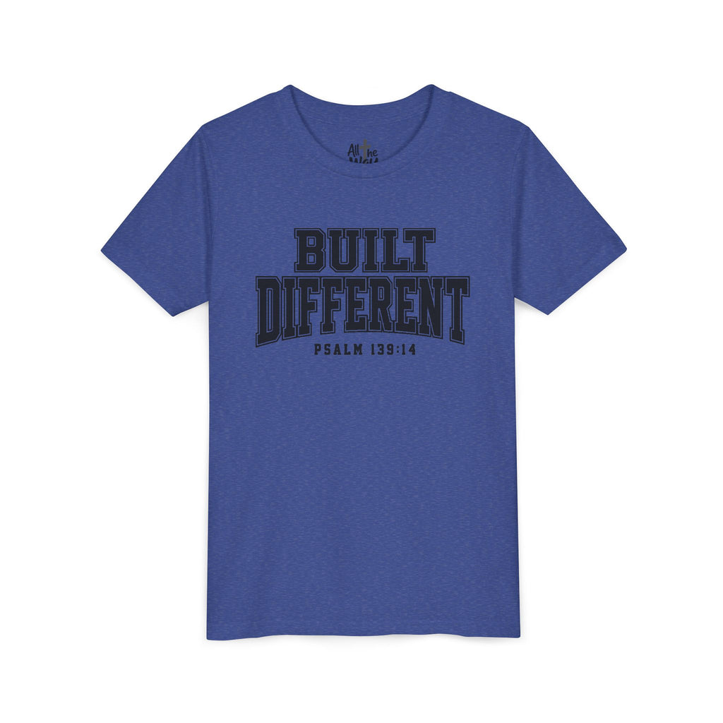 Youth Tee — "Built Different" Psalm 139:14 Christian Kids Shirt (Bella Canvas 3001y)