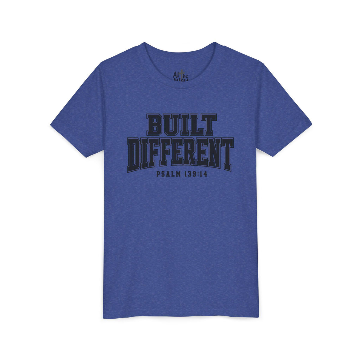 Youth Tee — "Built Different" Psalm 139:14 Christian Kids Shirt (Bella Canvas 3001y)