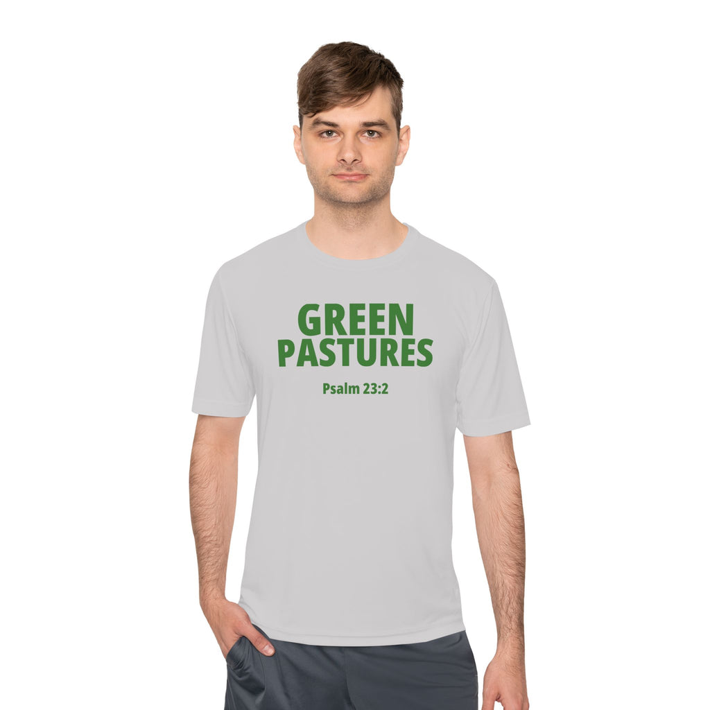 Moisture Wicking Tee "Green Pastures" Psalms 23:2 (Sport Tek)