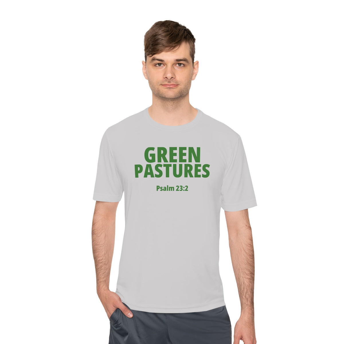 Moisture Wicking Tee "Green Pastures" Psalms 23:2 (Sport Tek)