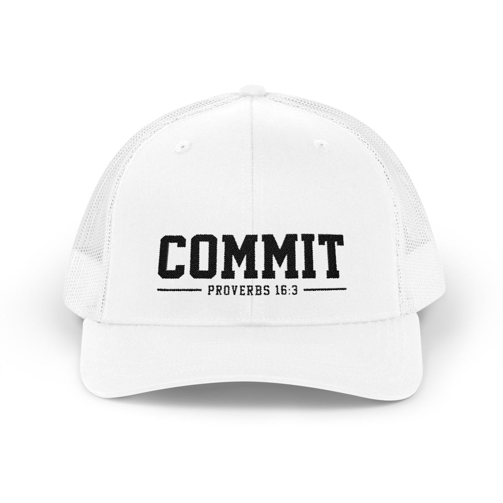Snapback Trucker Cap — "COMMIT" Proverbs 16:3 Embroidered Christian Hat
