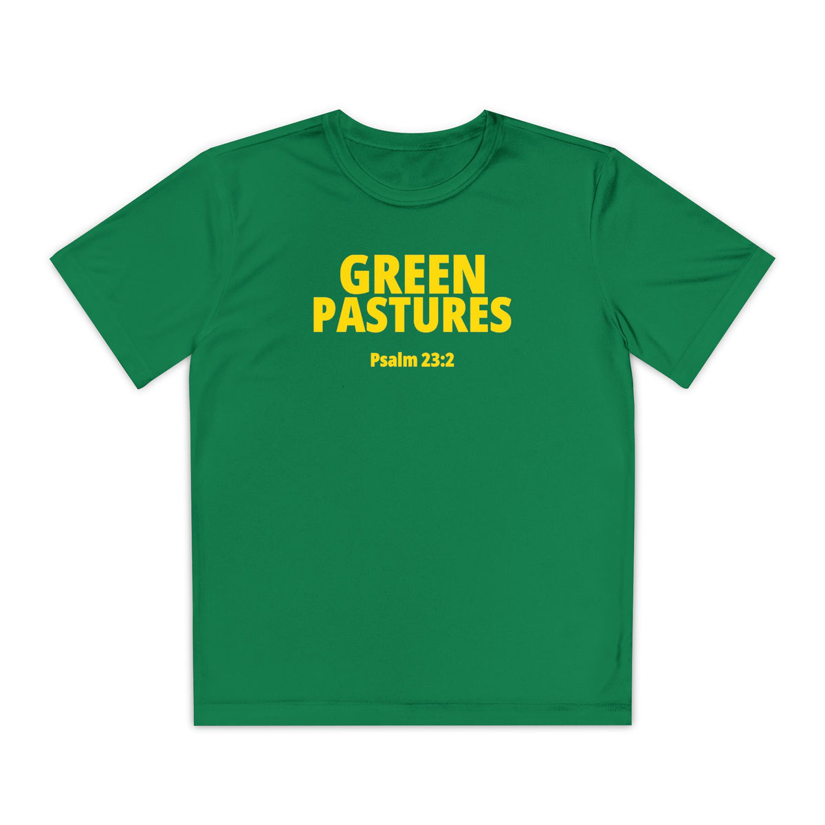 Youth "Green Pastures" Psalms 23:2 Tee — Christian Motivational Shirt  (Sport Tek)