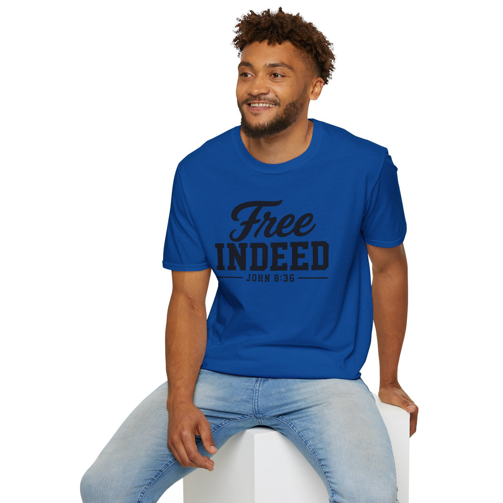 "Free Indeed" John 8:36 T-Shirt — Christian Faith Tee (Gildan 64000)