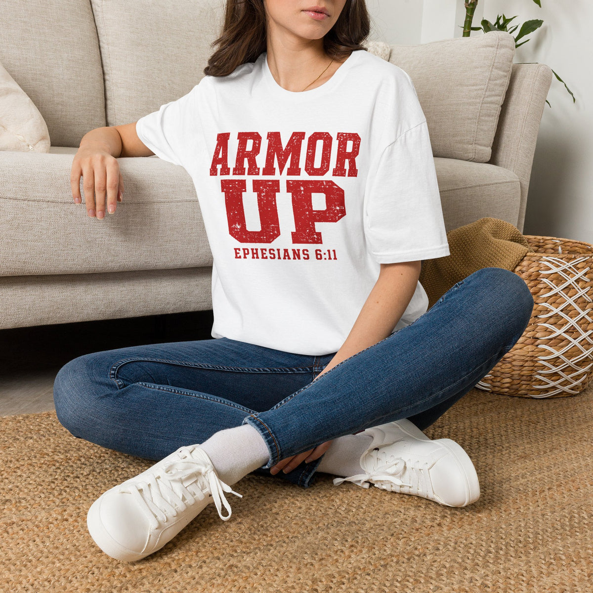 "Armor Up" Ephesians 6:11 T-Shirt — (Gildan 64000) Red Letters
