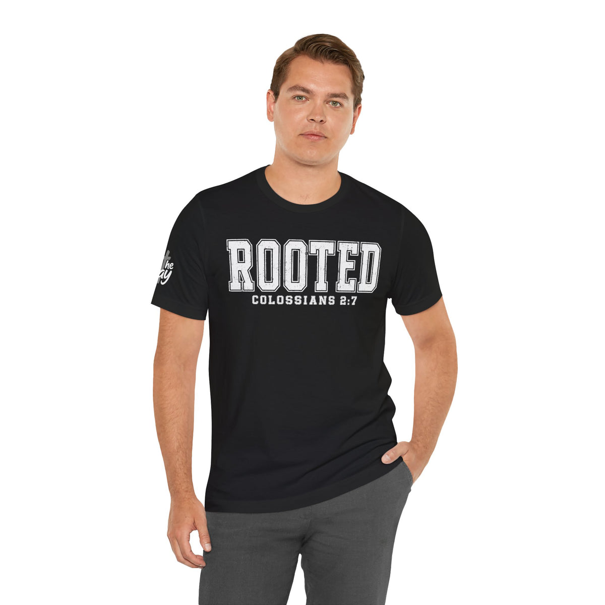 "Rooted" Colossians 2:7 Tee — Christian Faith Inspirational T-Shirt (Bella+Canvas 3001)
