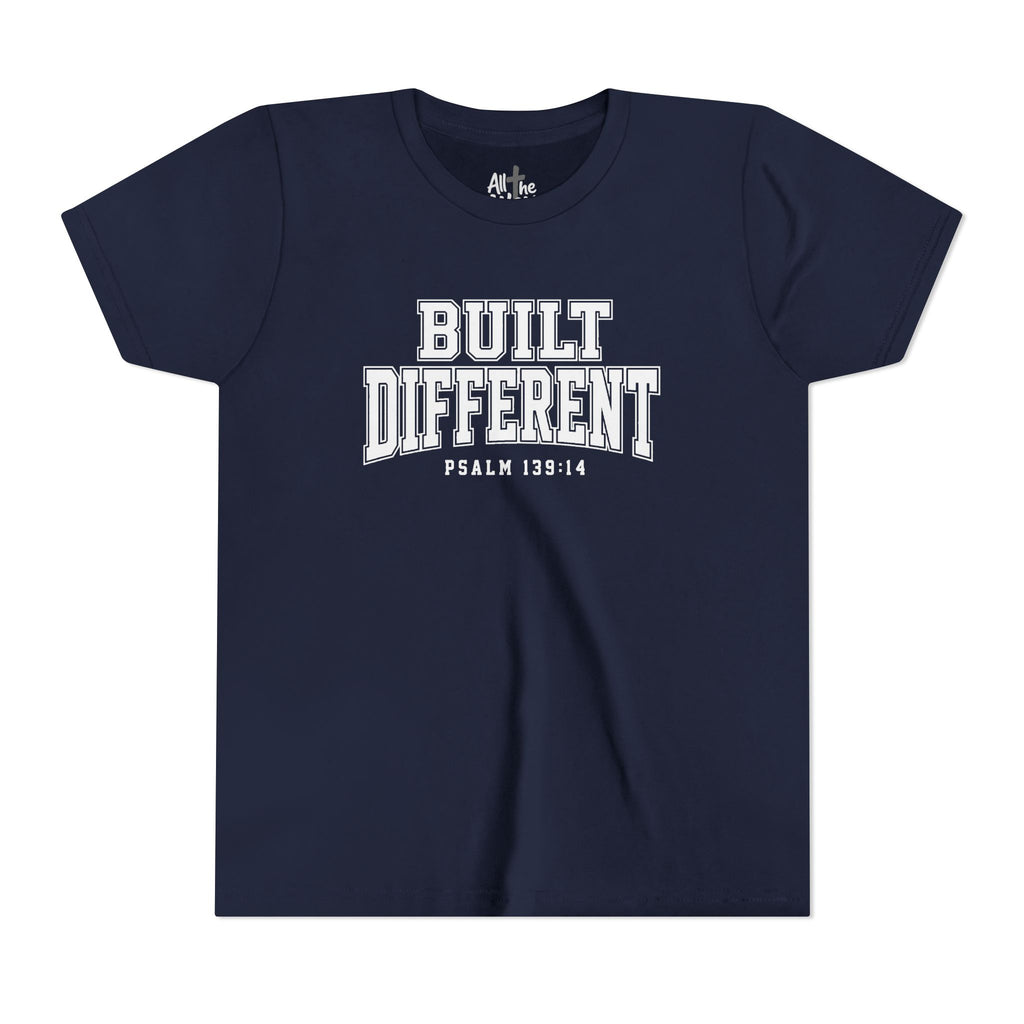 Youth Tee — "Built Different" Psalm 139:14 Christian Kids Shirt (Bella Canvas 3001y)