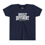 Youth Tee — "Built Different" Psalm 139:14 Christian Kids Shirt (Bella Canvas 3001y)