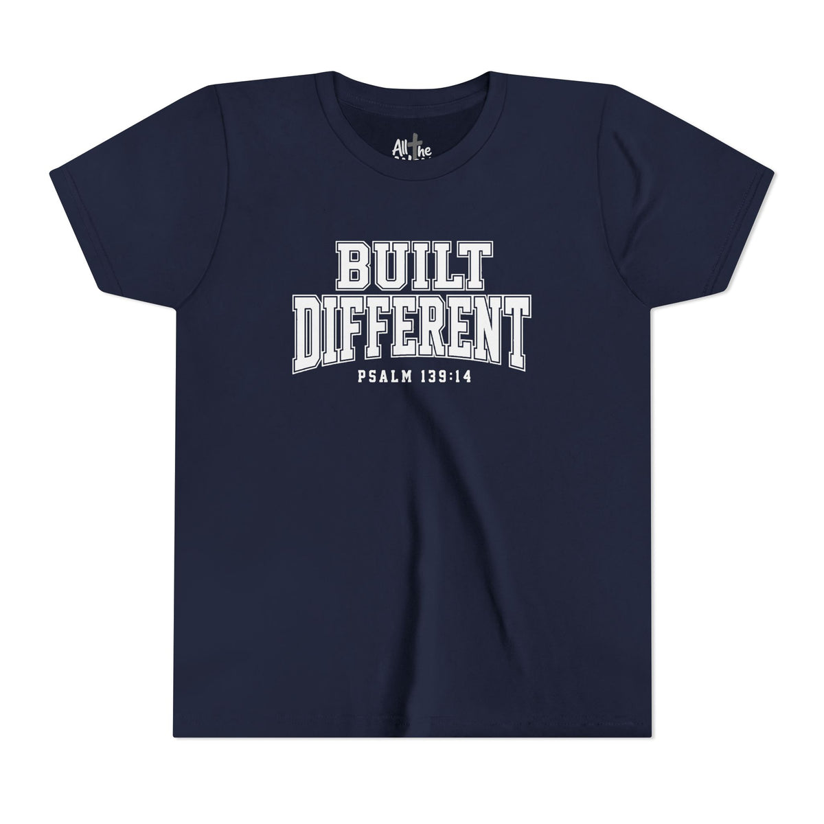 Youth Tee — "Built Different" Psalm 139:14 Christian Kids Shirt (Bella Canvas 3001y)