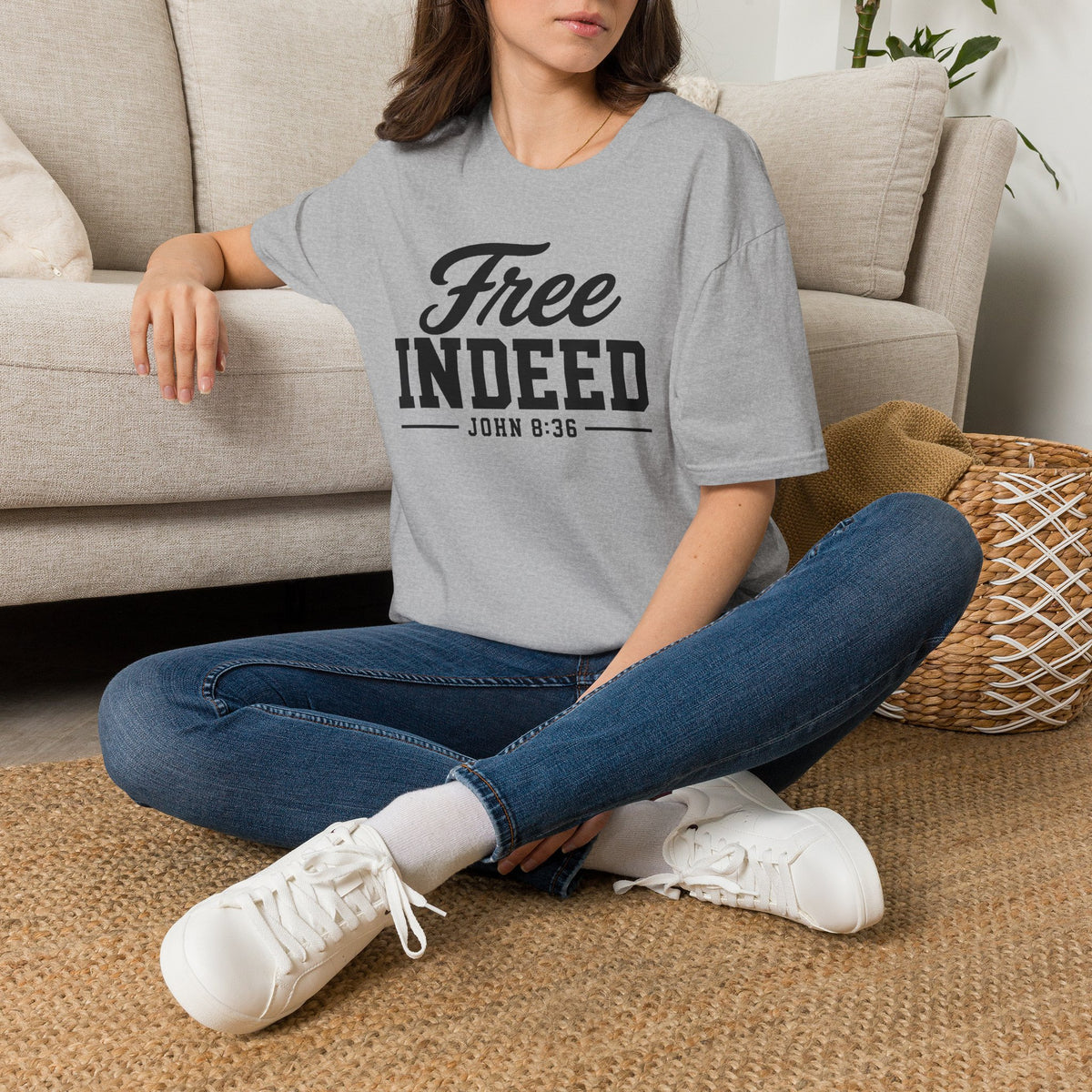 "Free Indeed" John 8:36 T-Shirt — Christian Faith Tee (Gildan 64000)