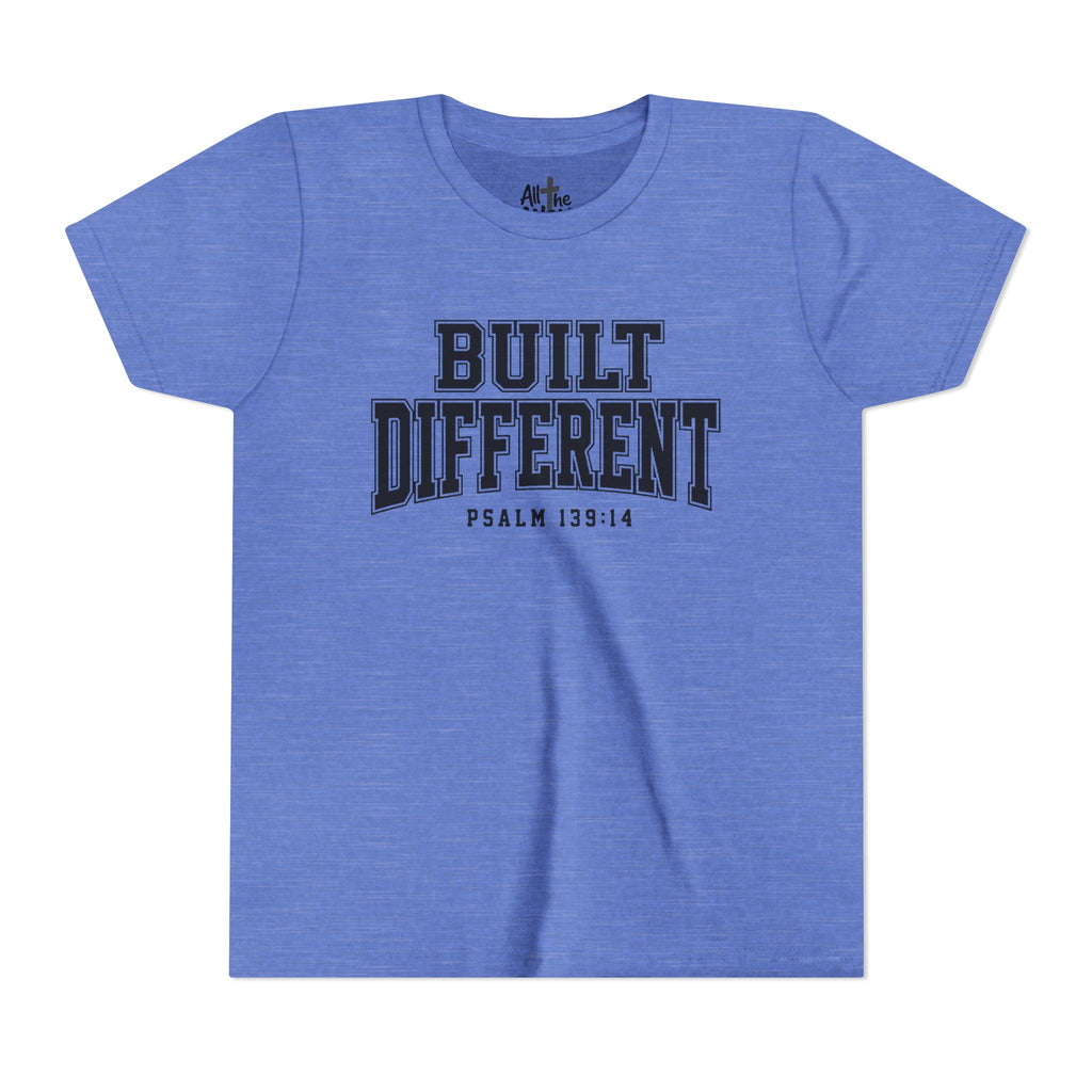 Youth Tee — "Built Different" Psalm 139:14 Christian Kids Shirt (Bella Canvas 3001y)