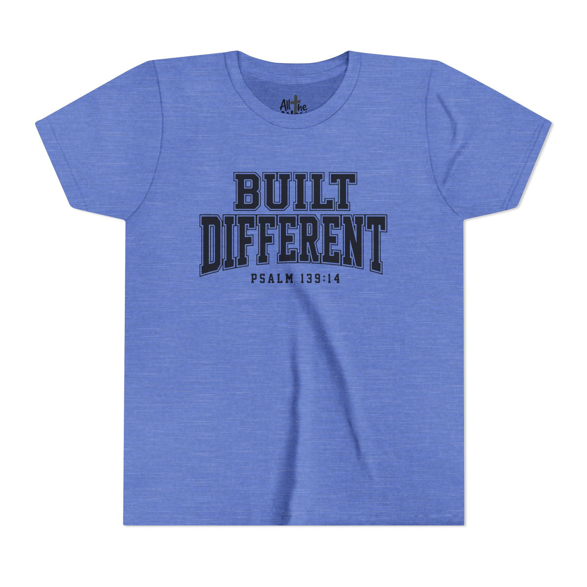 Youth Tee — "Built Different" Psalm 139:14 Christian Kids Shirt (Bella Canvas 3001y)