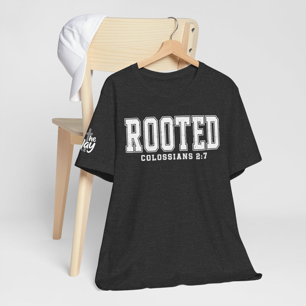 "Rooted" Colossians 2:7 Tee — Christian Faith Inspirational T-Shirt (Bella+Canvas 3001)