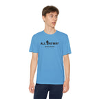 Youth "All the way" Matthew 10:38-39  Christian Motivational Shirt (Sport Tek) Black letters