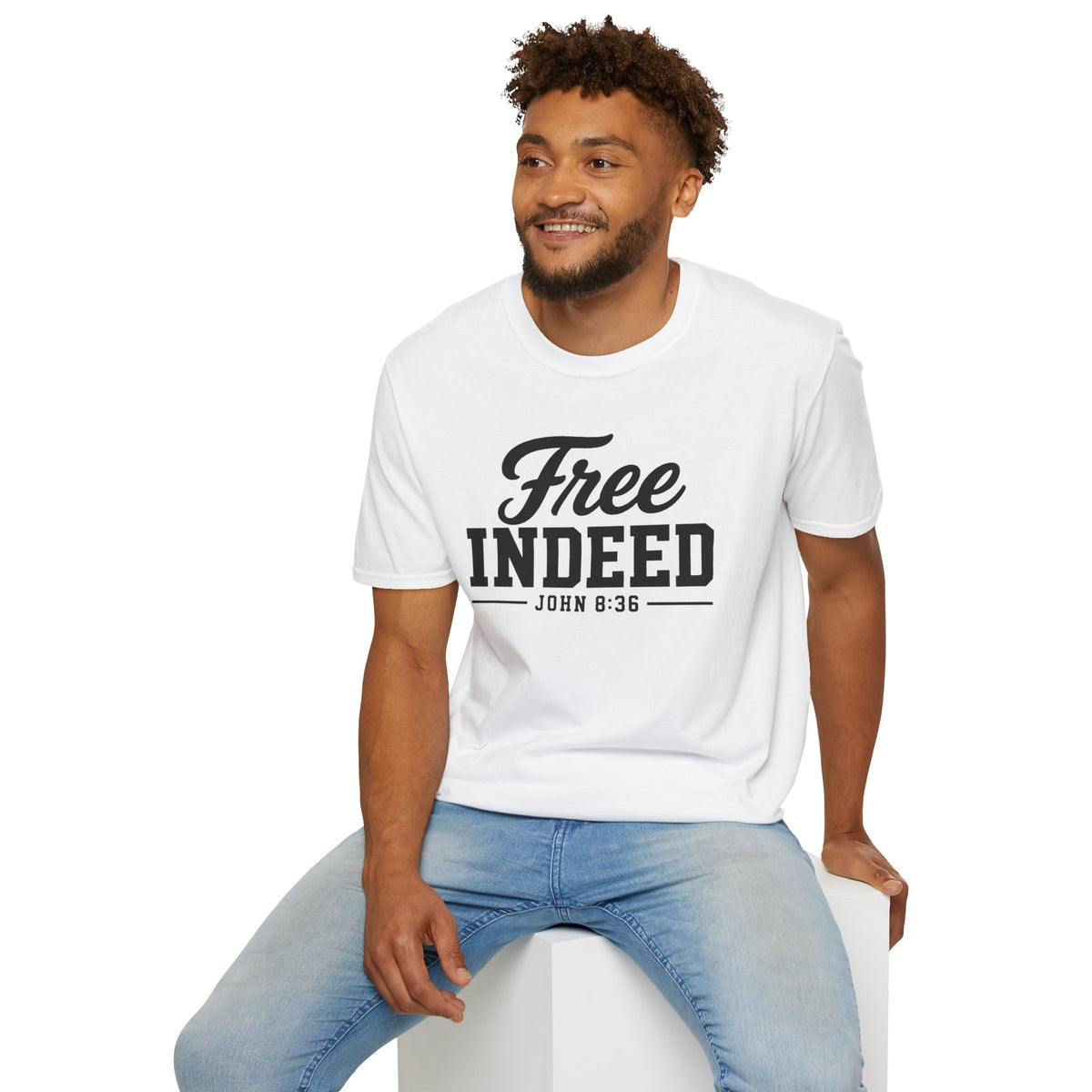 "Free Indeed" John 8:36 T-Shirt — Christian Faith Tee (Gildan 64000)