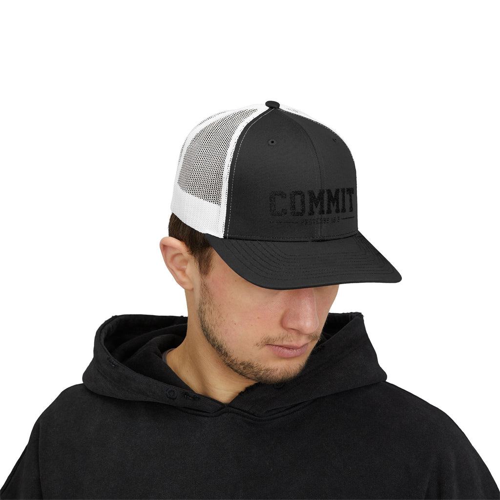 Snapback Trucker Cap — "COMMIT" Proverbs 16:3 Embroidered Christian Hat
