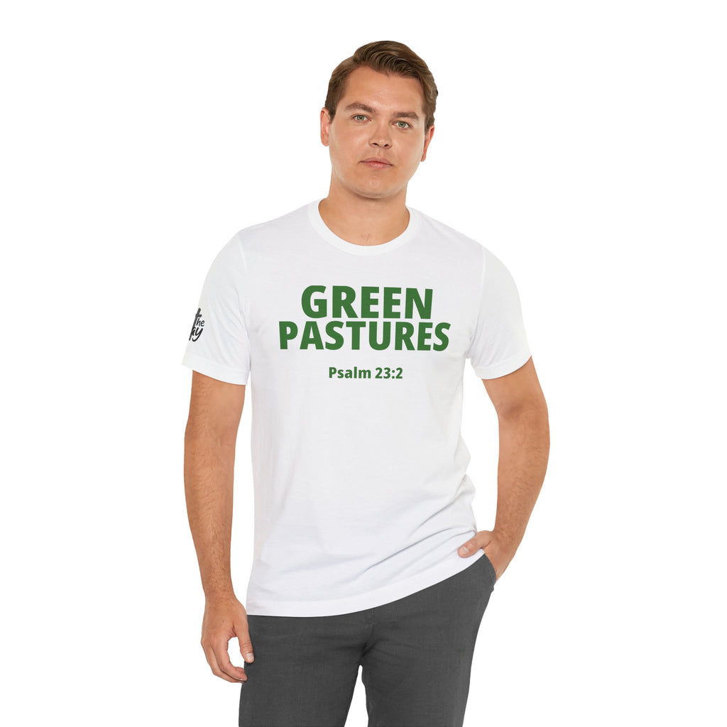 "Green Pastures" Psalm 23:2 Tee — Christian Faith Inspirational T-Shirt (Bella+Canvas 3001)