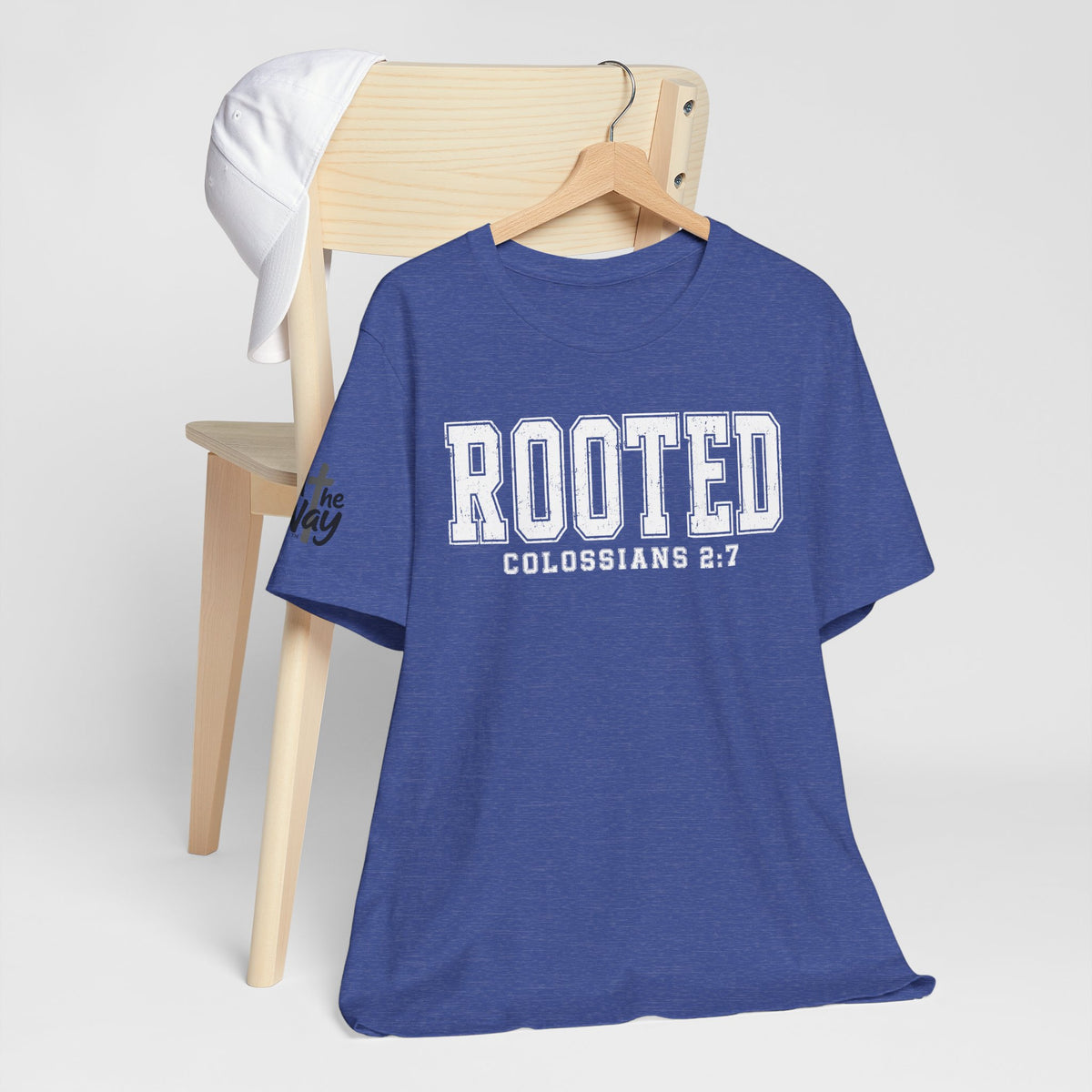 "Rooted" Colossians 2:7 Tee — Christian Faith Inspirational T-Shirt (Bella+Canvas 3001)