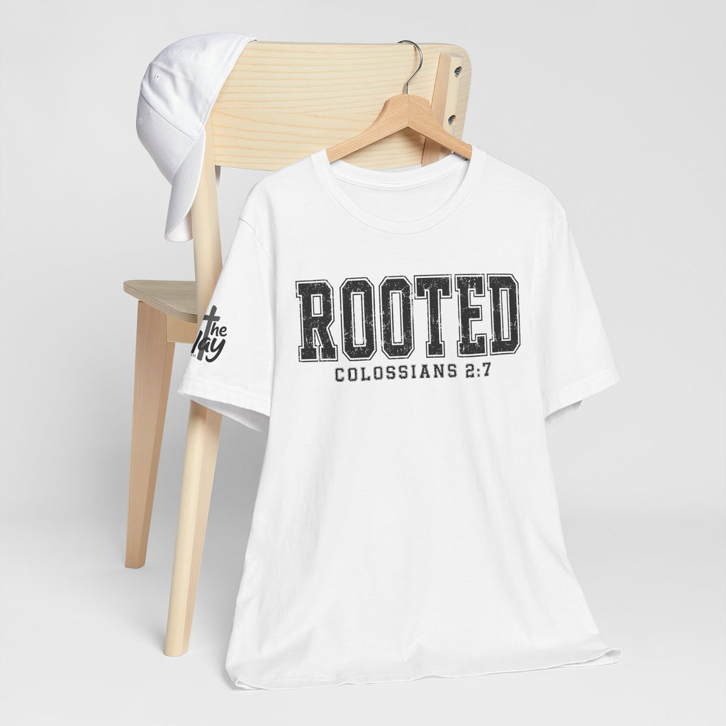 "Rooted" Colossians 2:7 Tee — Christian Faith Inspirational T-Shirt (Bella+Canvas 3001)