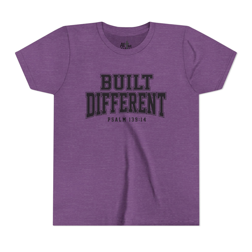 Youth Tee — "Built Different" Psalm 139:14 Christian Kids Shirt (Bella Canvas 3001y)