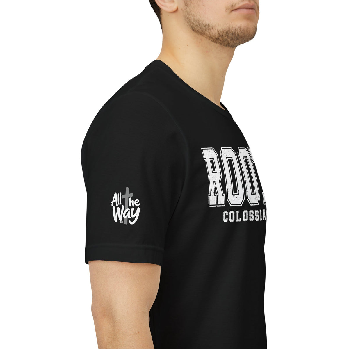 "Rooted" Colossians 2:7 Tee — Christian Faith Inspirational T-Shirt (Bella+Canvas 3001)
