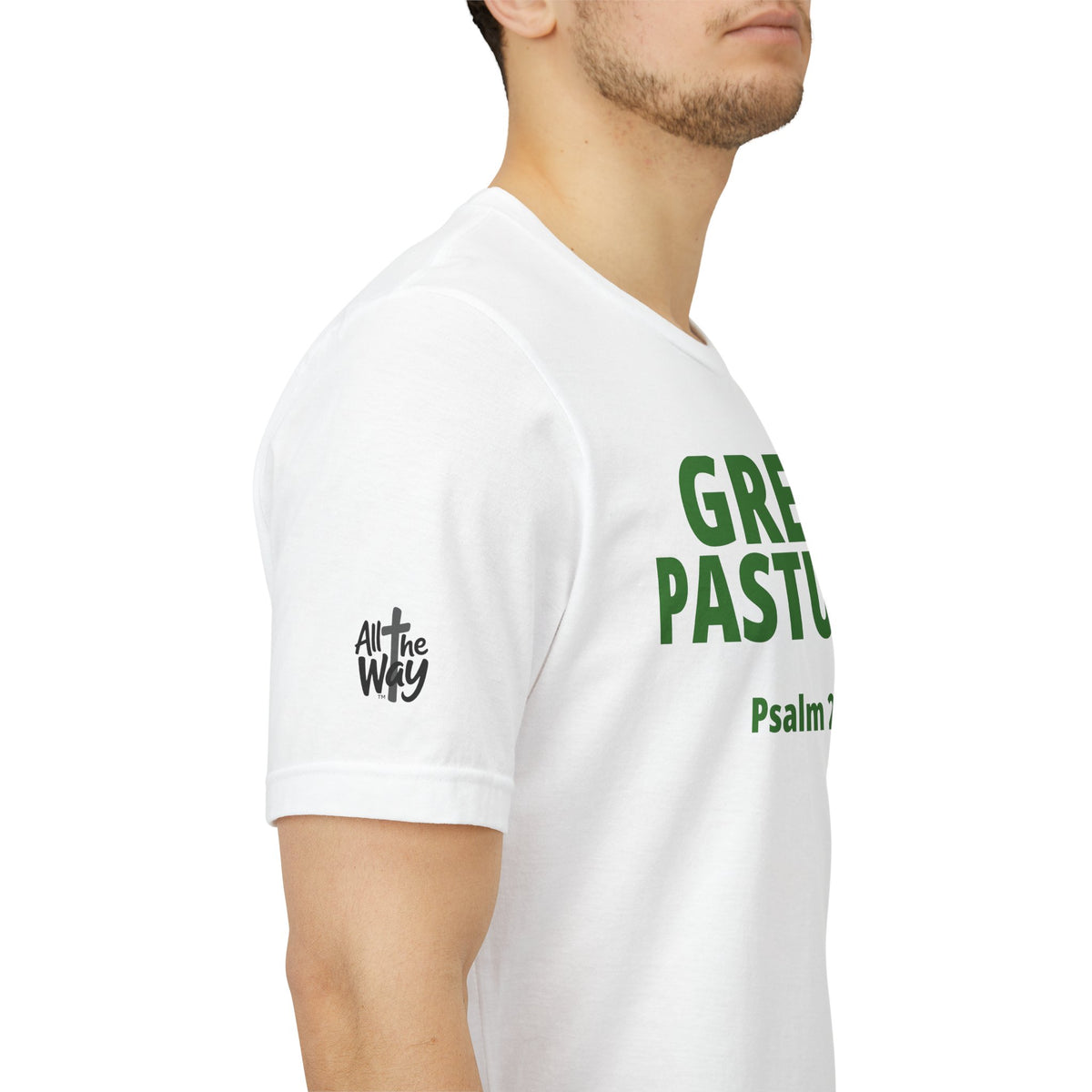 "Green Pastures" Psalm 23:2 Tee — Christian Faith Inspirational T-Shirt (Bella+Canvas 3001)
