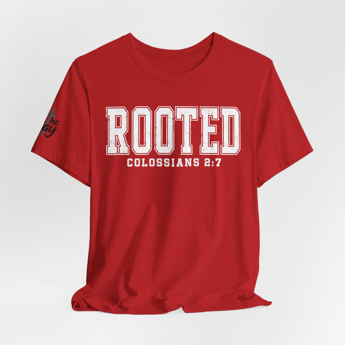 "Rooted" Colossians 2:7 Tee — Christian Faith Inspirational T-Shirt (Bella+Canvas 3001)